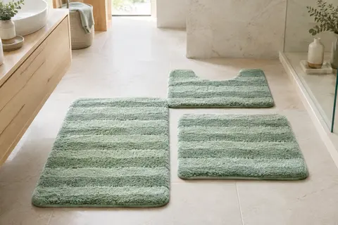 Trois tapis de bain vert clair en microfibre, dont un modèle en U, disposés sur un sol en pierre claire.