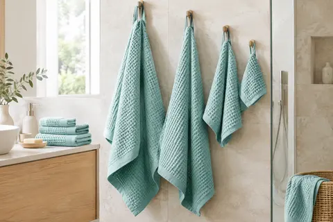 Serviettes de bain gaufrées en microfibre aqua, pliées et suspendues dans une salle de bain lumineuse.