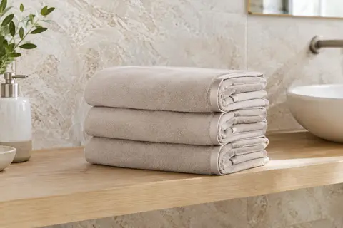 Quatre serviettes de bain beige en microfibre pliées sur une tablette de bois blond dans une salle de bain claire