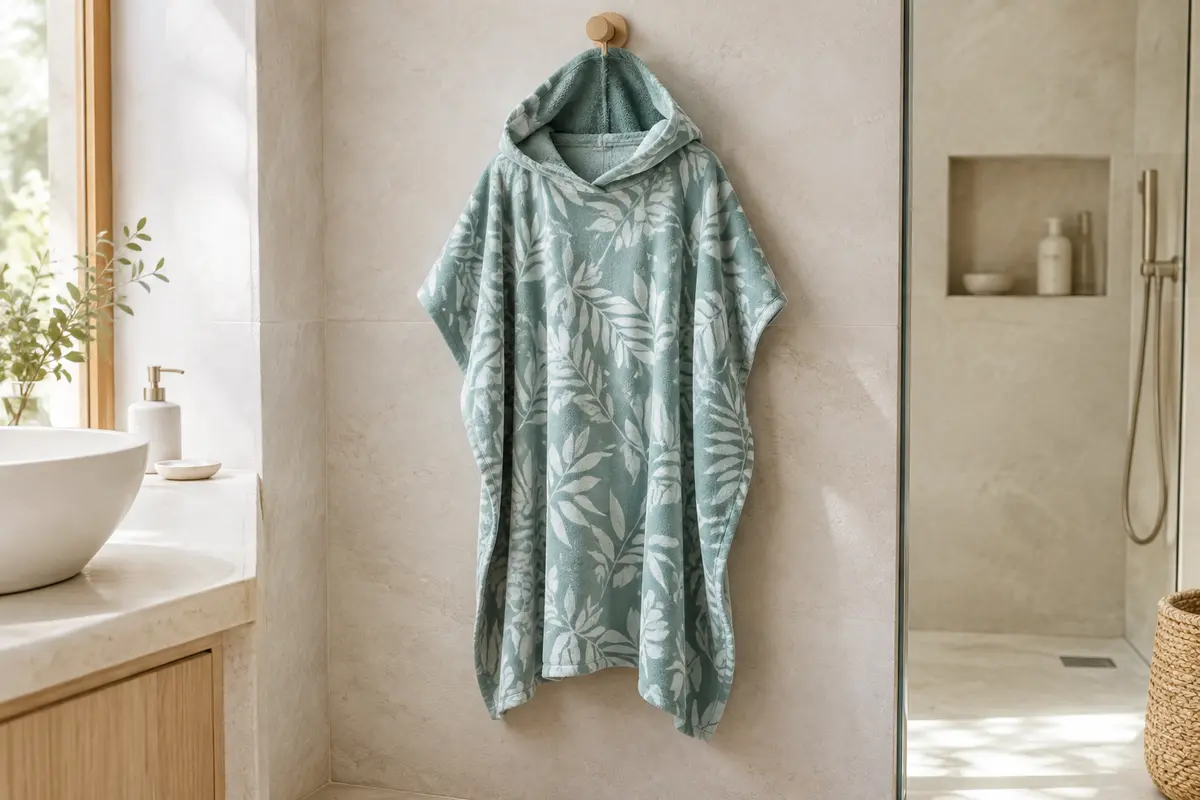 Poncho de bain adulte à capuche, en microfibre imprimée de feuilles, suspendu dans une salle de bain claire.