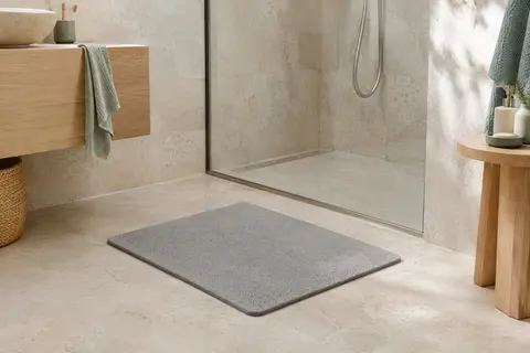 Tapis de bain rectangulaire gris en diatomite posé sur un sol minéral clair dans une salle de bain