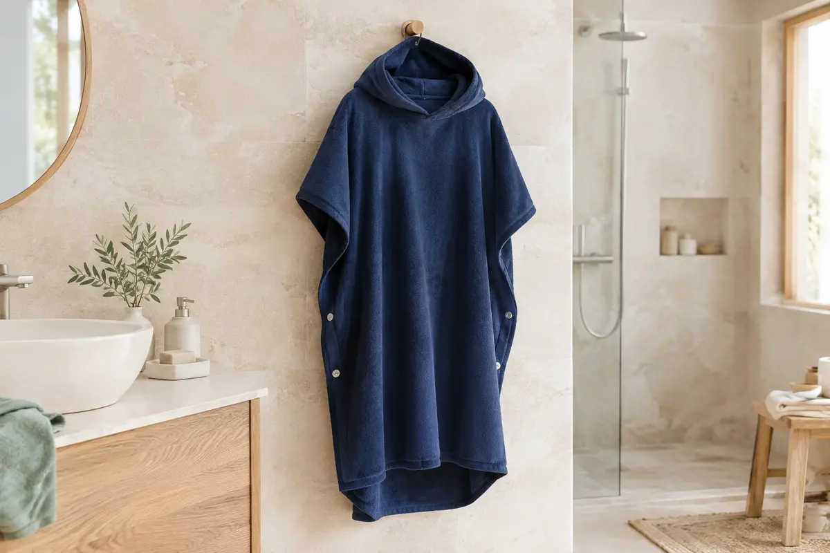 Poncho de bain adulte bleu marine à capuche suspendu dans une salle de bain lumineuse