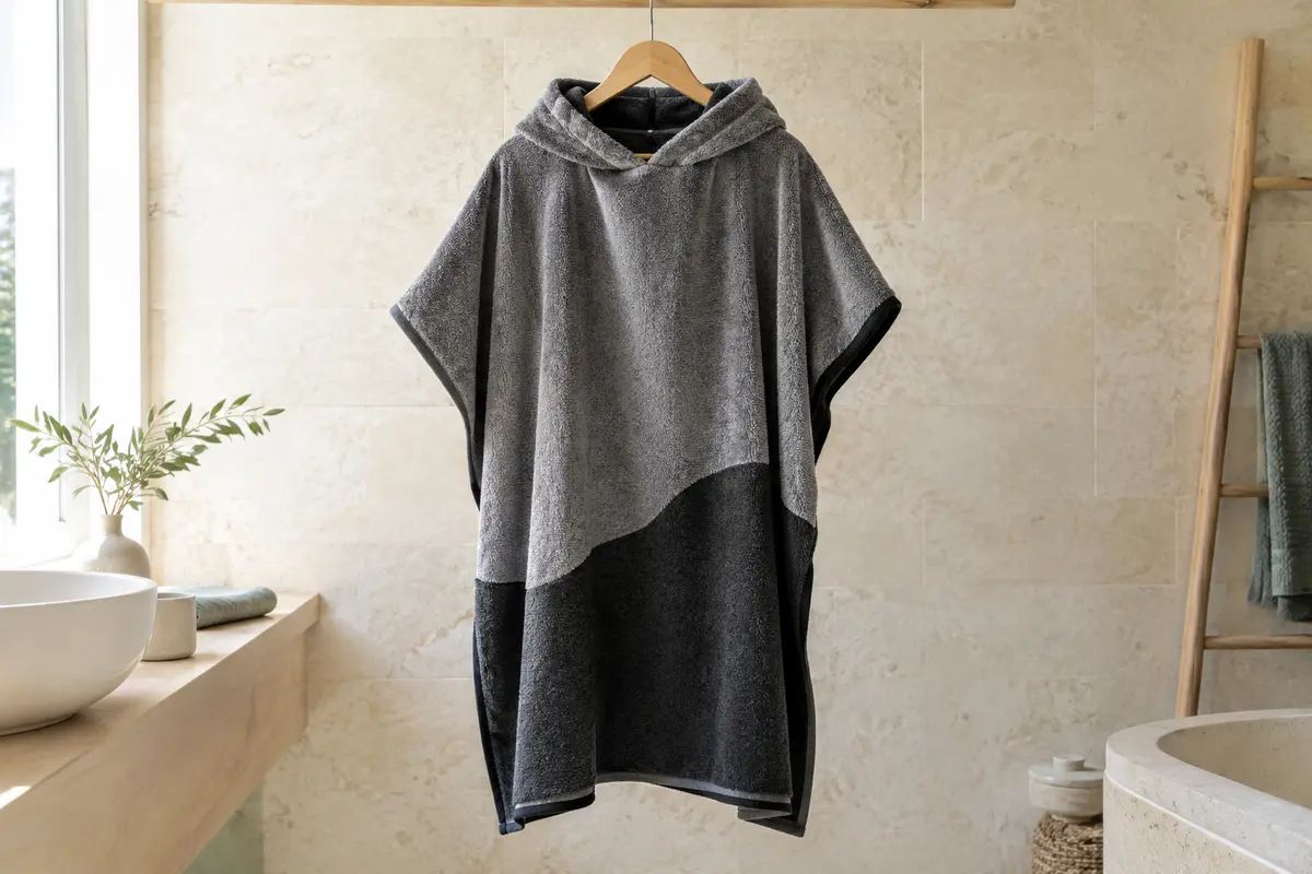 Poncho de surf gris et noir en velours de coton, suspendu dans une salle de bain lumineuse.