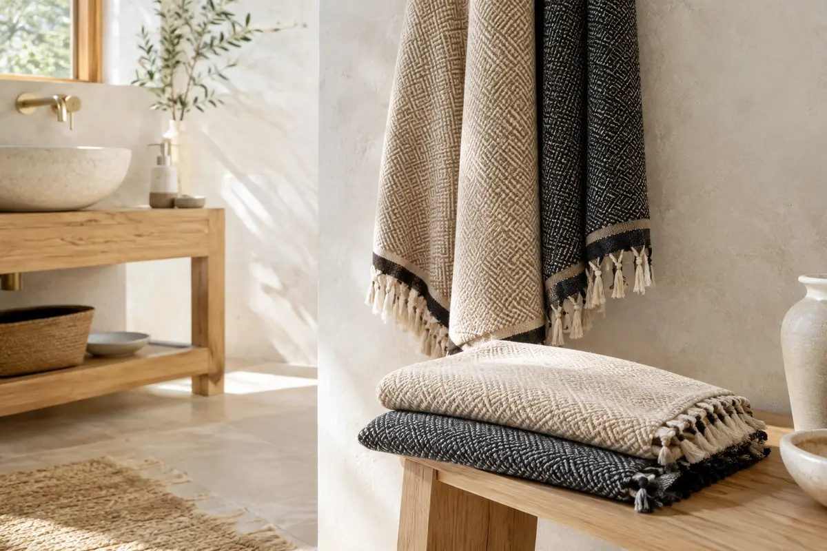 Deux draps de hammam beige et noir à motif de losanges, l’un plié et l’autre suspendu dans une salle de bain lumineuse.