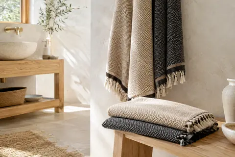 Deux draps de hammam beige et noir à motif de losanges, l’un plié et l’autre suspendu dans une salle de bain lumineuse.