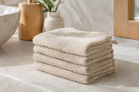 Lot de gants de toilette en coton éponge beige pliés sur une pierre claire dans une salle de bain.