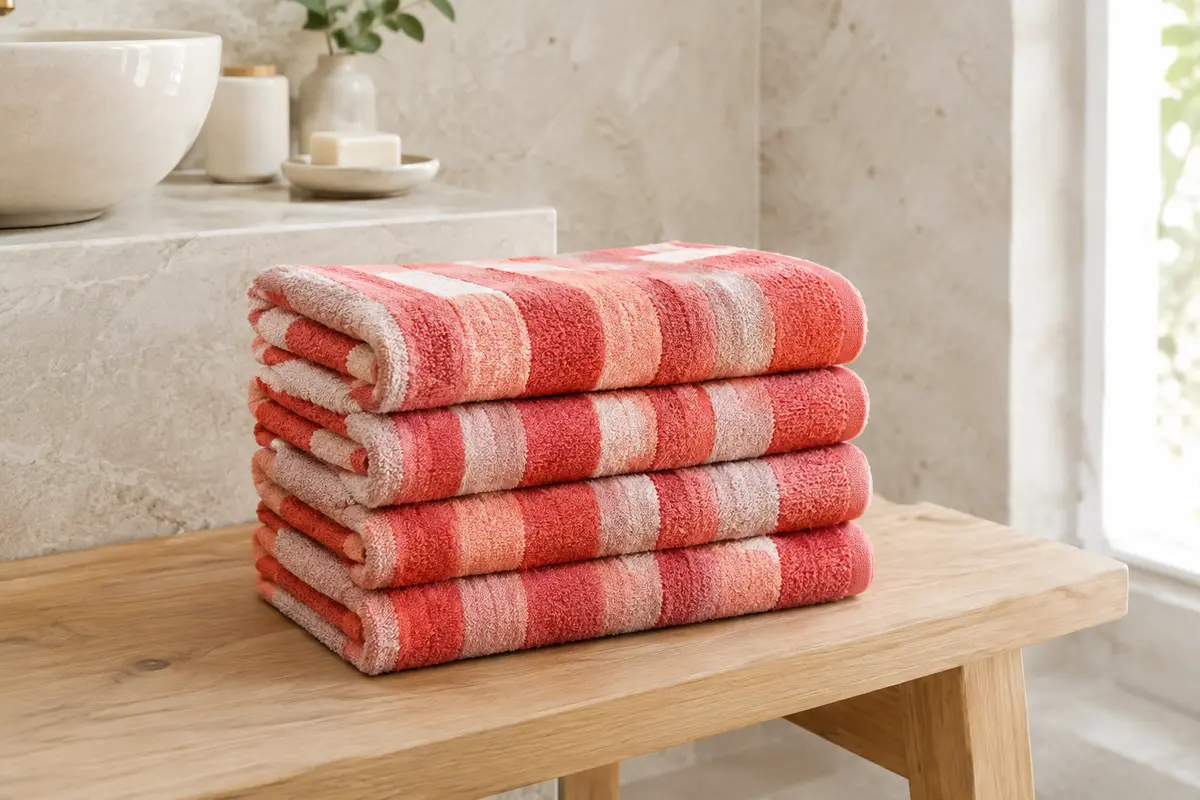 Quatre serviettes de toilette en microfibre à rayures corail, pliées dans une salle de bain claire