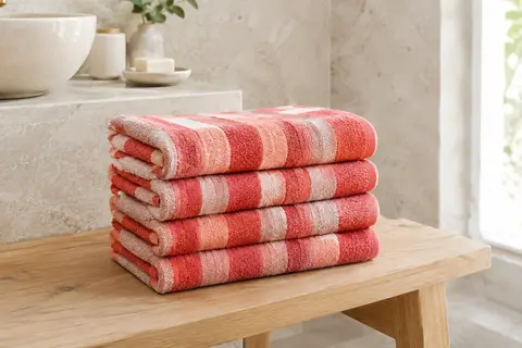 Quatre serviettes de toilette en microfibre à rayures corail, pliées dans une salle de bain claire
