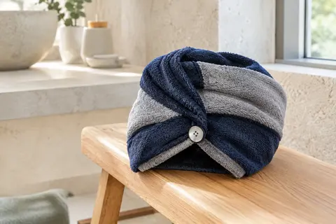 Turban-serviette pour cheveux en coton éponge marine et gris, posé dans une salle de bain lumineuse
