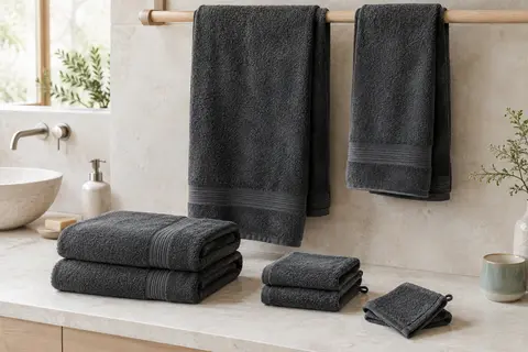 Ensemble charbon de six pièces en coton, avec draps de bain, essuie-mains et gants pliés dans une salle de bain.