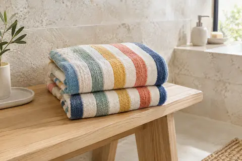 Deux serviettes de plage Sweet Needle en coton éponge à rayures cabana, pliées sur un banc en bois