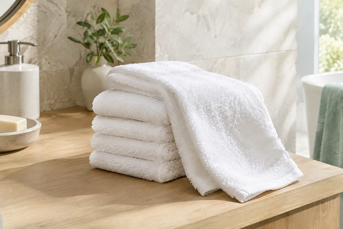 Lot de petites serviettes de toilette blanches en coton, pliées sur un plan de bois clair dans une salle de bain lumineuse.