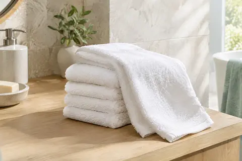 Lot de petites serviettes de toilette blanches en coton, pliées sur un plan de bois clair dans une salle de bain lumineuse.