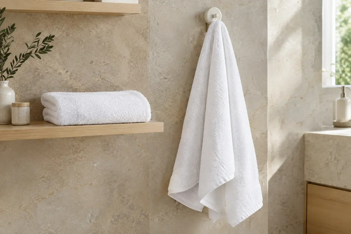 Deux serviettes de douche blanches en coton éponge, pliées et suspendues dans une salle de bain claire.