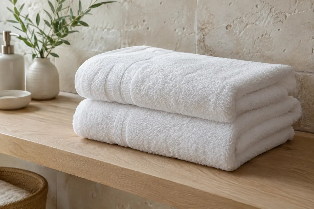 Deux serviettes de toilette blanches en coton pliées sur une tablette en bois clair dans une salle de bain lumineuse.