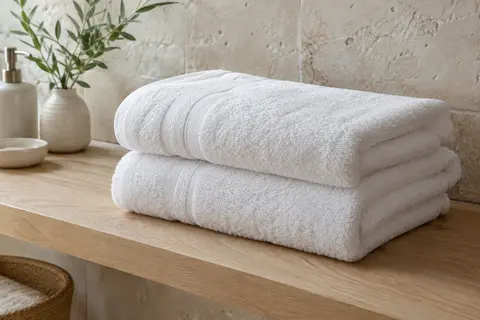 Deux serviettes de toilette blanches en coton pliées sur une tablette en bois clair dans une salle de bain lumineuse.