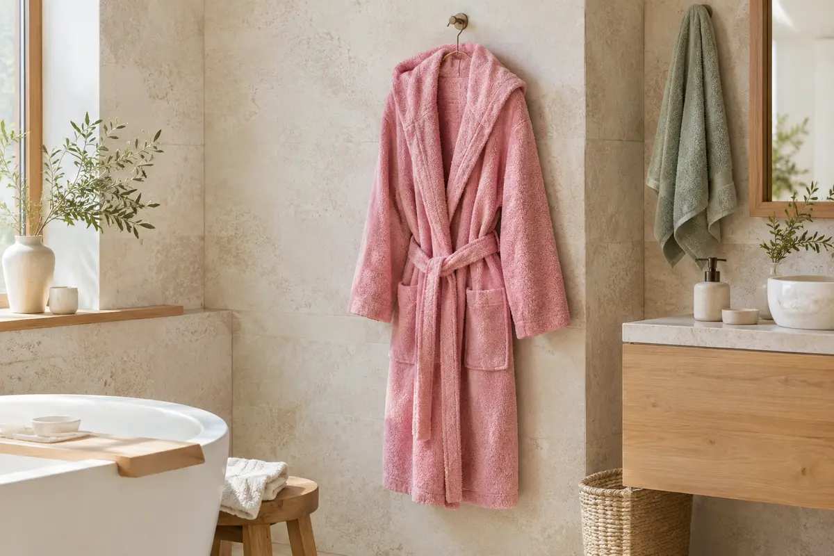 Peignoir de bain uni rose en coton, avec capuche et ceinture, suspendu dans une salle de bain claire.