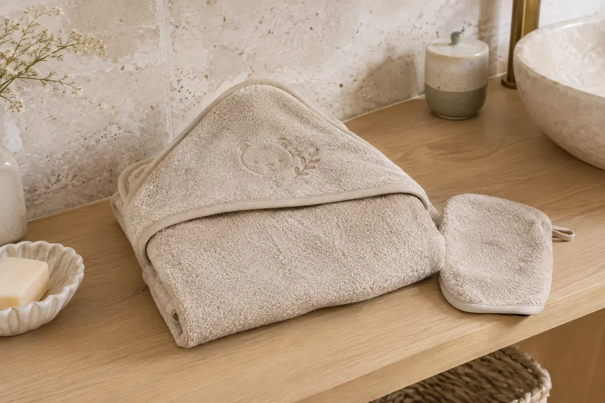 Cape de bain bébé sable beige avec capuche brodée et gant assorti, présentés sur une tablette en bois clair.
