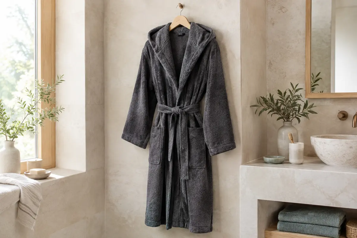 Peignoir de bain gris foncé en coton éponge, suspendu avec sa capuche, sa ceinture et ses deux poches visibles.