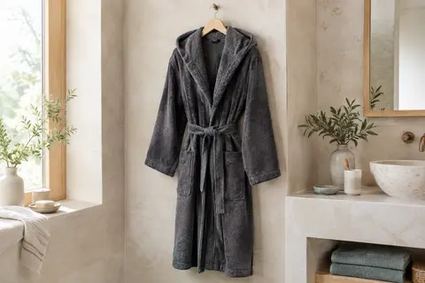 Peignoir de bain gris foncé en coton éponge, suspendu avec sa capuche, sa ceinture et ses deux poches visibles.