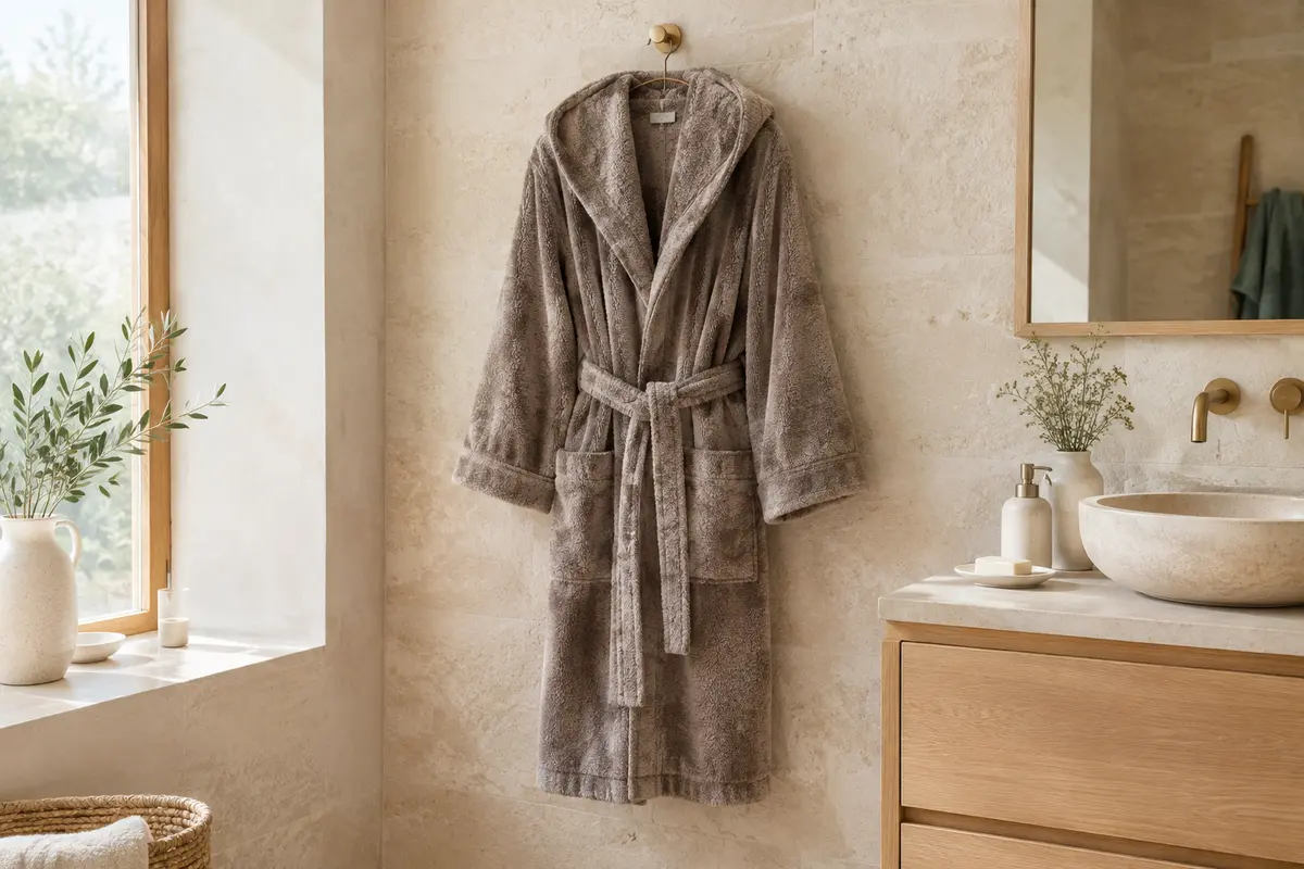 Peignoir de bain taupe en coton velours suspendu dans une salle de bain claire en pierre et bois blond.