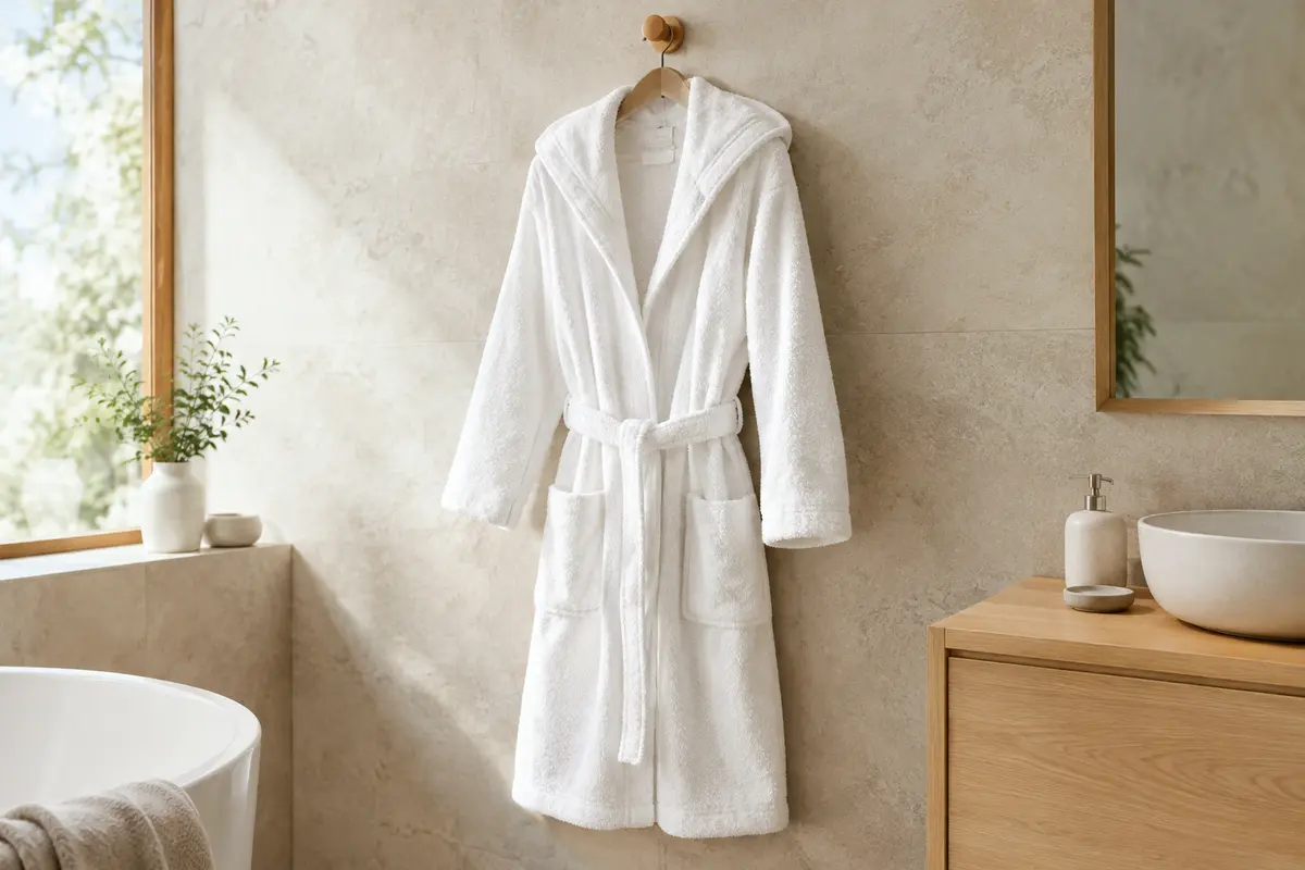 Peignoir de bain blanc en coton éponge, à capuche et ceinture, suspendu dans une salle de bain claire.