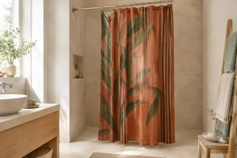 Rideau de douche translucide terracotta à motif abstrait de feuilles vertes et de rayures noires