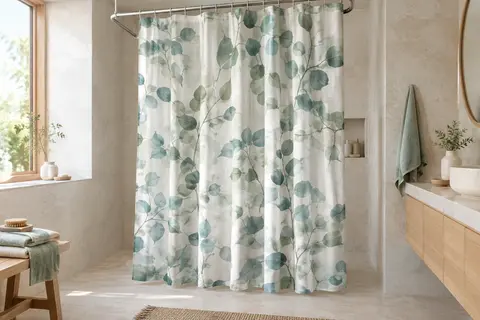 Rideau de douche translucide vert à motif de feuilles d’eucalyptus suspendu dans une salle de bain claire.