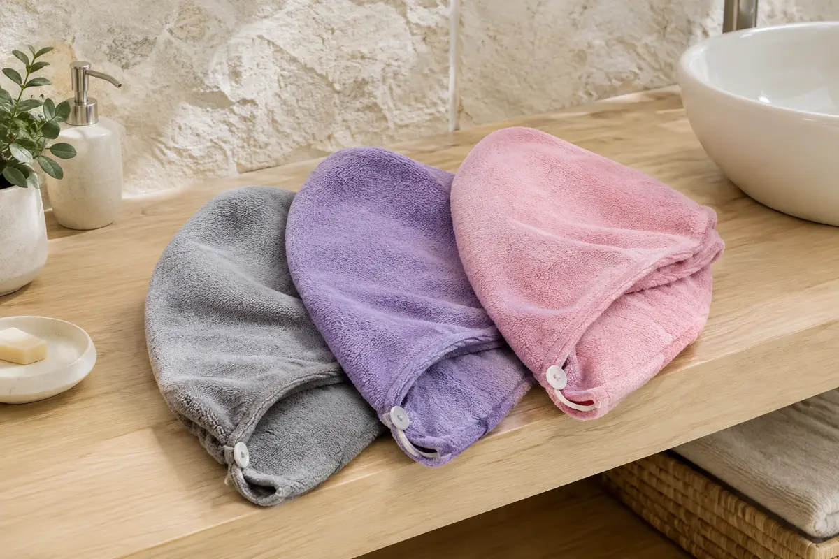 Trois serviettes turban pour cheveux en microfibre, grise, violette et rose, posées dans une salle de bain claire.
