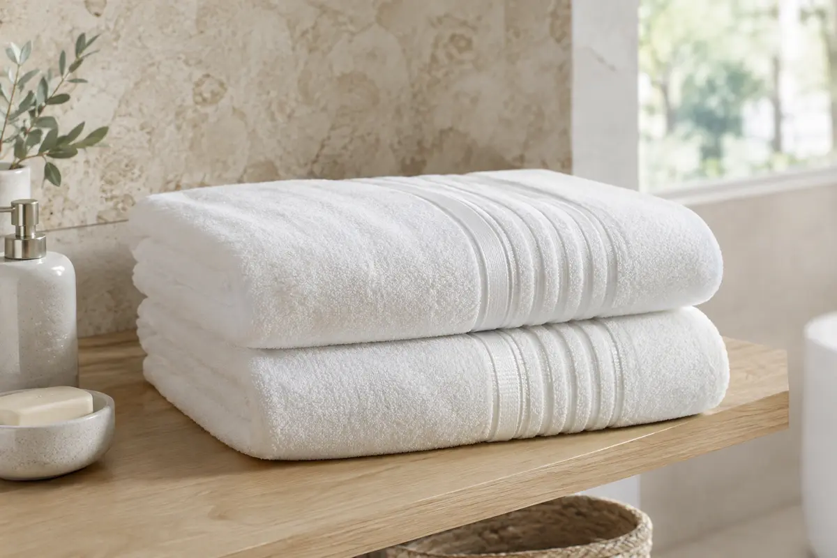 Deux draps de bain blancs à rayures, pliés sur une tablette en bois clair dans une salle de bain lumineuse.
