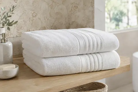Deux draps de bain blancs à rayures, pliés sur une tablette en bois clair dans une salle de bain lumineuse.