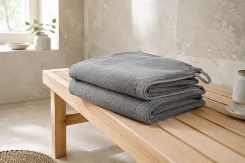 Deux draps de sauna gris en coton pliés sur un banc en bois clair dans une salle de bain lumineuse