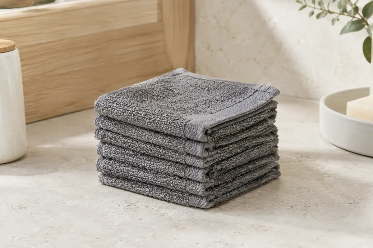 Pile de gants de toilette gris en coton, pliés sur une surface de pierre claire dans une salle de bain lumineuse
