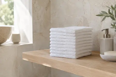 Lot de gants de toilette blancs en coton, pliés sur une étagère en bois clair.