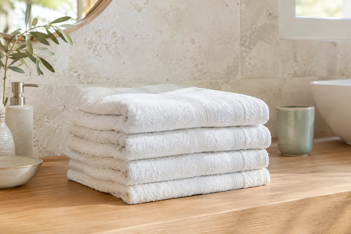 Lot de six essuie-mains blancs en coton pliés sur une tablette en bois dans une salle de bain lumineuse.