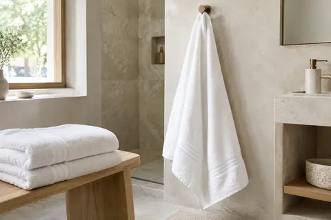 Deux grands draps de bain blancs en coton, l’un plié sur un banc en bois et l’autre suspendu