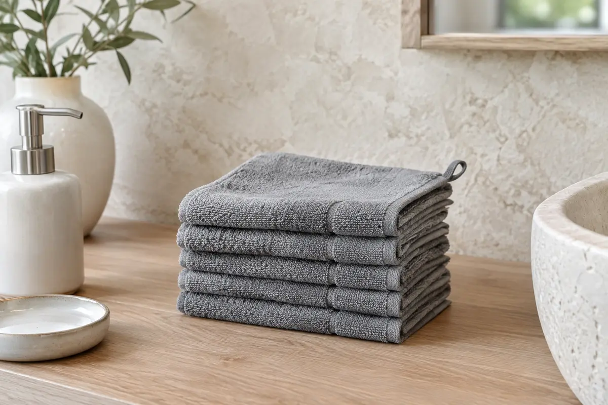 Serviettes d’invité grises en coton pliées dans une salle de bain claire, avec leur boucle visible