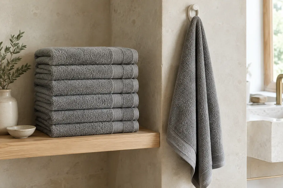 Six serviettes de bain grises en coton bouclette, pliées et suspendues dans une salle de bain lumineuse.