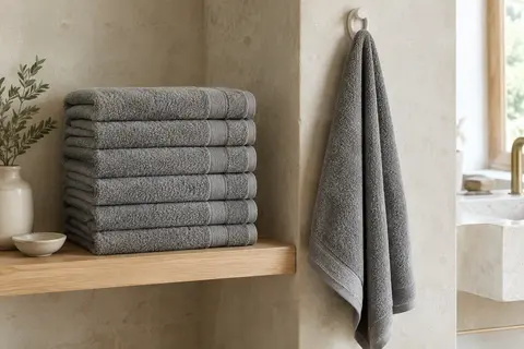 Six serviettes de bain grises en coton bouclette, pliées et suspendues dans une salle de bain lumineuse.