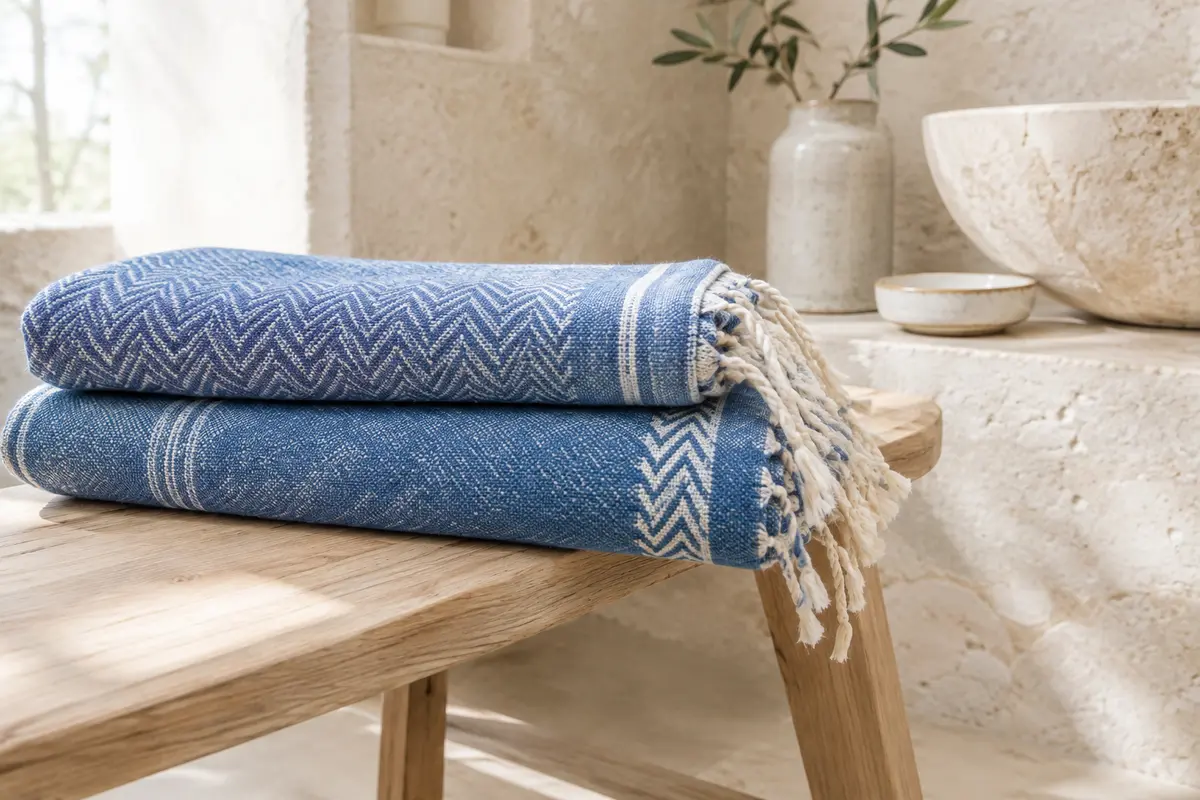 Deux foutas de plage en coton bleu à motif graphique, pliées sur un banc en bois clair dans une salle de bain lumineuse.