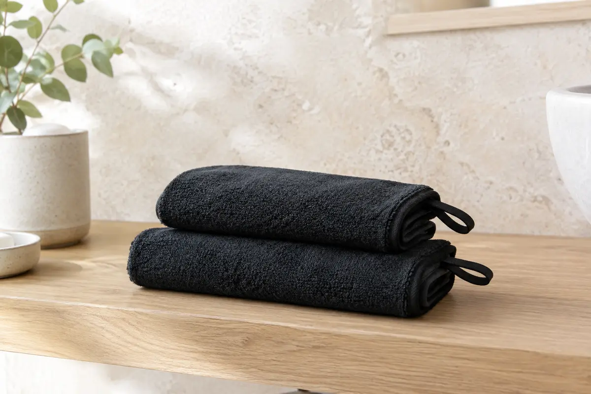 Deux essuie-mains noirs en microfibre pliés dans une salle de bain claire, avec leurs anneaux visibles.