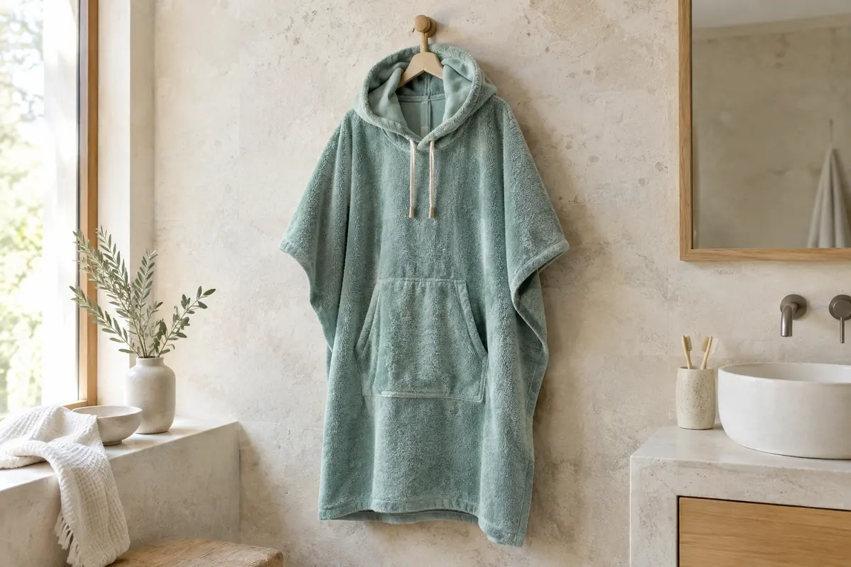 Poncho de bain en coton éponge suspendu dans une salle de bain claire aux murs minéraux et détails en bois.