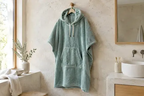 Poncho de bain en coton éponge suspendu dans une salle de bain claire aux murs minéraux et détails en bois.