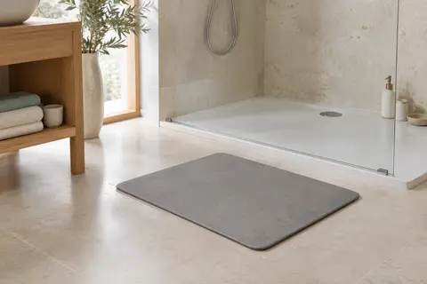 Tapis de bain rectangulaire gris en diatomite posé sur un sol clair dans une salle de bain