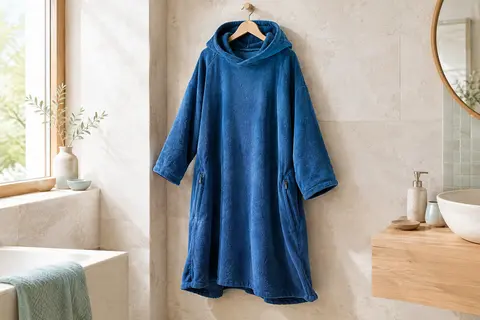 Poncho de bain bleu à capuche et manches longues, suspendu dans une salle de bain lumineuse