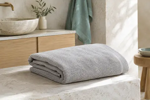 Serviette de plage en coton gris clair pliée sur un banc de pierre dans une salle de bain lumineuse.