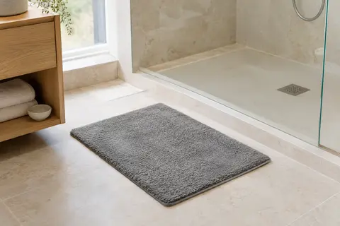 Tapis de bain gris en microfibre posé près d’une douche dans une salle de bain claire et épurée.