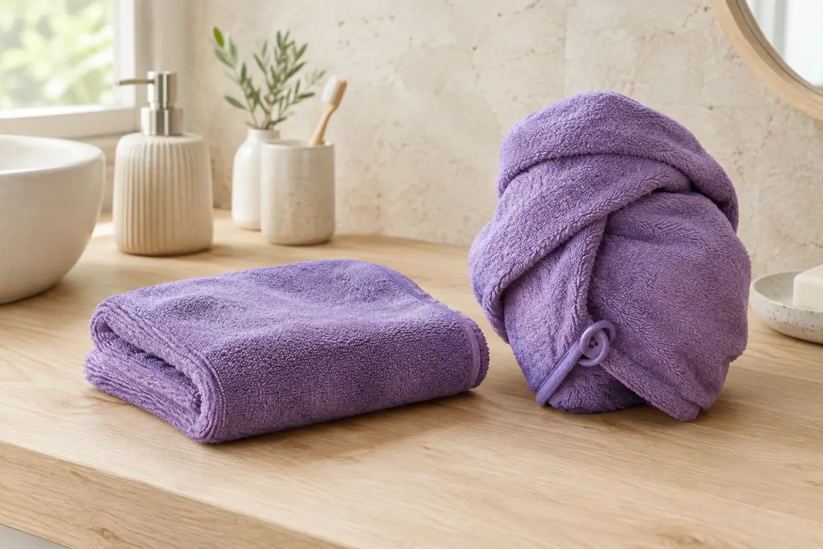 Deux serviettes cheveux en microfibre violette, l’une pliée et l’autre enroulée en turban dans une salle de bain.