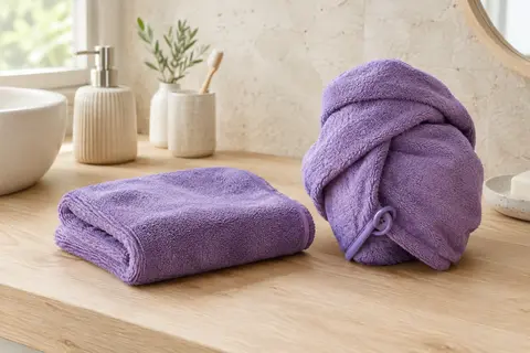 Deux serviettes cheveux en microfibre violette, l’une pliée et l’autre enroulée en turban dans une salle de bain.