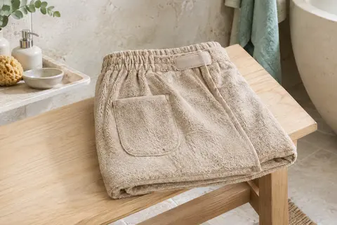 Kilt de sauna beige en coton éponge, plié sur un banc en bois blond dans une salle de bain claire.